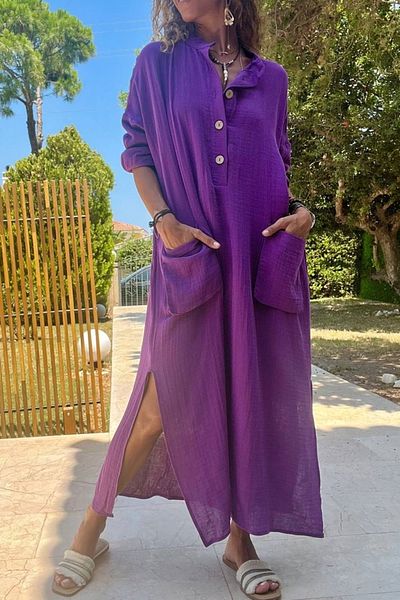 Güneşkızı Purple Muslin Pocket Slit Loose Dress - Loose Cut BST700-3620