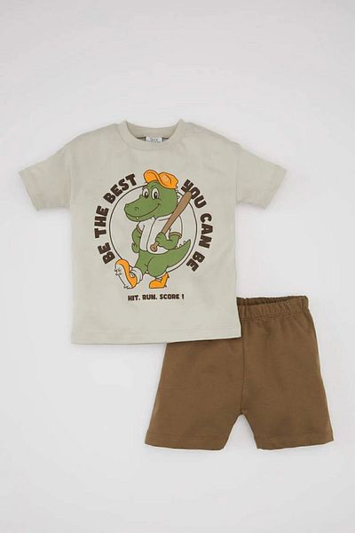 DeFacto Dinosaur Printed 2-Piece Set for Baby Boy - Short Sleeve T-Shirt and Shorts C1010a5bg106mc
