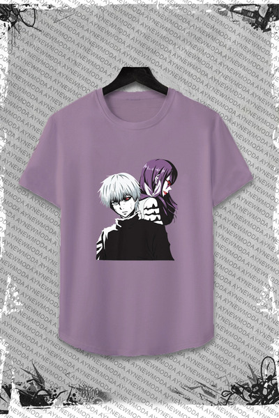 aynewmoda Унисекс аниме тениска Tokyo Ghoul - щампа с Канеки и Ризе отпред, кръгло деколте