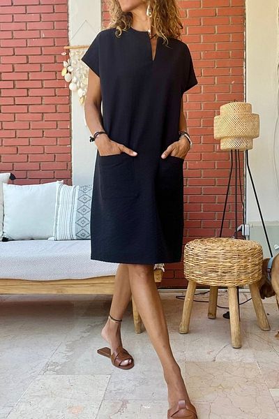 Güneşkızı Black Soft Loose Dress - Slit Pocket, Self Bst3655