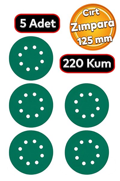Badem10 Delikli Yeşil 125 mm Cırt Zımpara 220 Kum Kaporta Boya Duvar Metal Mobilya Cila Parlatma 5 Adet