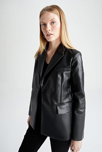 DeFacto Αδιάβροχο μπουφάν Blazer από συνθετικό δέρμα - κανονική εφαρμογή, λεπτομερής τσέπη W9655az22au