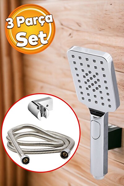 Badem10 3'lü Lüks Banyo Duş Başlığı Seti Duş Fiskiyesi Telefonu Dikdörtgen Ba...