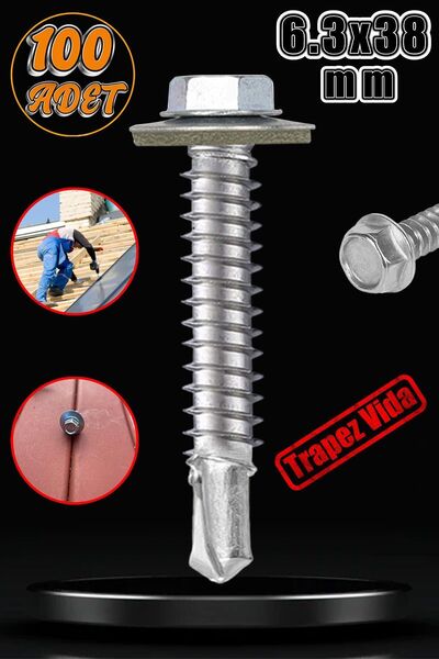 Badem10 Trapez Çatı Vidası 6.3x38 mm Paket 100 ADET Matkap Uçlu Sac Akıllı Vi...