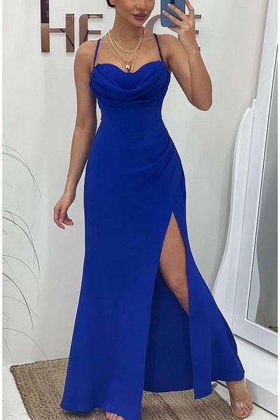 FASHION COCKTAIL Long Evening Dress with Back Corset Deep Left Slit Degage Satin Straps