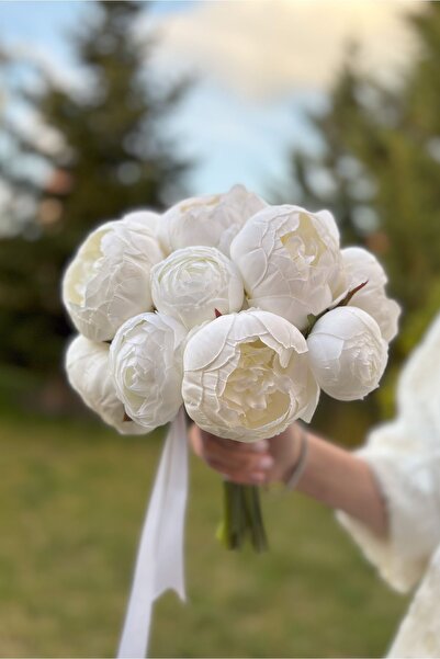 FilizKonuk Şakayık Gelin Buketi Nişan Çiçeği Nikah El Çiçeği, Beyaz Yapay Çiç...