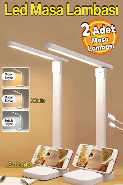 Badem10 2 Adet Şarjlı Led Masa Üstü Lambası 3 Renk Dokunmatik Çocuk Ders Kitap Çalışma Okuma Işığı Gece 9w