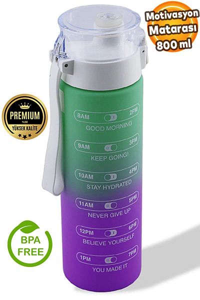 Badem10 Motivational Water Bottle 800 ml Bpa Free Children's Sports Water Bottle Leak-Proof Straw-Free Water Bottle Green Purple