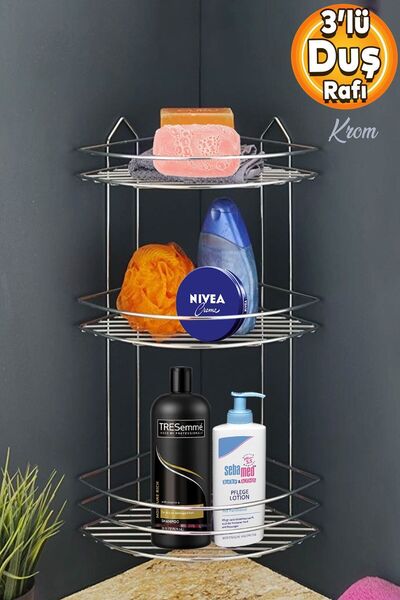 Badem10 Banyo Duş Rafı Şampuanlık Köşelik Oval Krom 3 Katlı Malzemelik Organi...