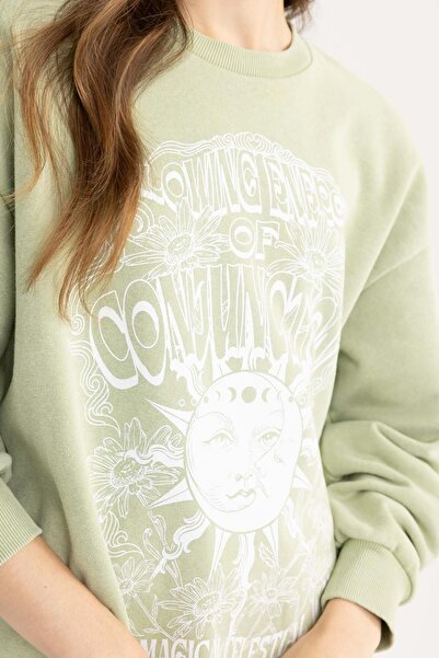 DeFacto Oversize Wide Fit Crew Neck Printed Pale Washing Effect Χοντρό φούτερ B7283ax23wn