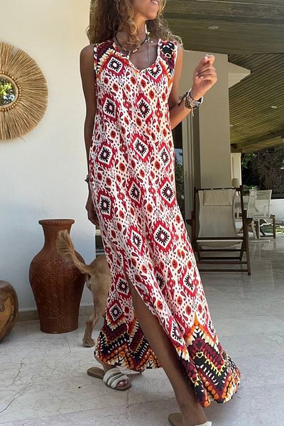Güneşkızı Red V-necK WaterwaY Loose Dress - Long Slit BST3650