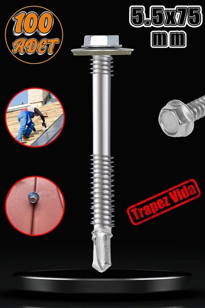 Badem10 Trapez Çatı Vidası 5.5x75 mm Paket 100 ADET Matkap Uçlu Sac Akıllı Vi...