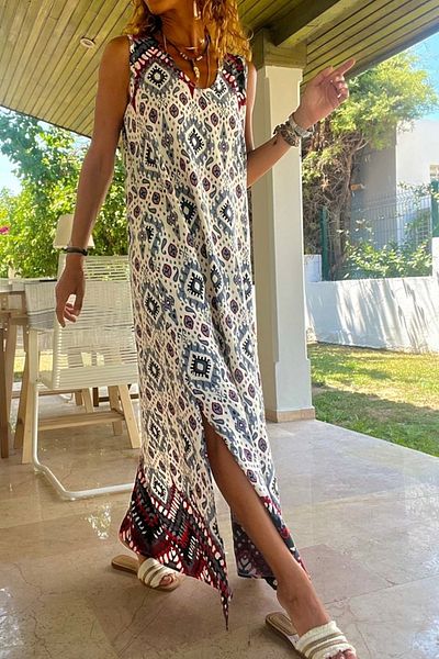Güneşkızı GraY V-neck WaterwaY long Slit loose Dress - BST3650