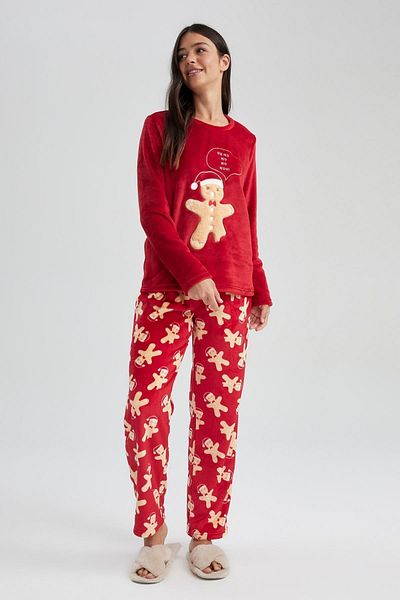 DeFacto Fleece-Pyjama-Set mit Neujahrsmotiv – dehnbar, langärmlig, taillierter langer Boden A3369ax23wn