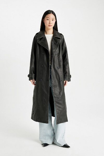 DeFacto Faux Leather Long Trench Coat - Water Repellent, Belt and Pocket C0063Ax24Au