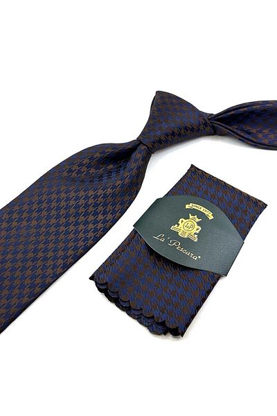Kravatkolik Navy Blue - Brown Motif Pattern Classic Necktie with Handkerchief KK12455