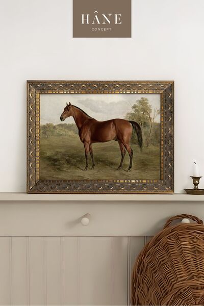 Hane Concept Gold Çerçeveli Vintage At Tablosu, Galeri Duvarı, Sanatsal Baskılı Tablo, Çiftlik Evi Dekoru