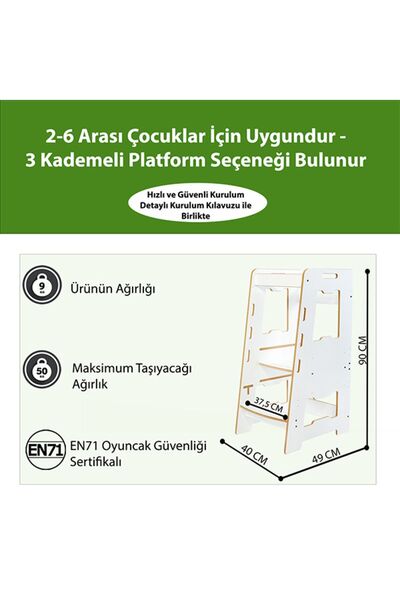 Minera Ahşap Montessori Öğrenme Kulesi 2-6 Yaş / Beyaz
