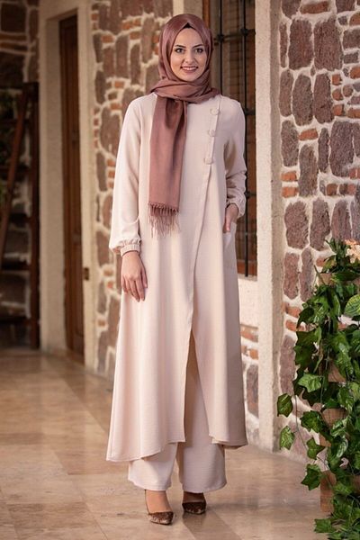 Fashion Showcase Women's Ecru Aerobin Fabric Hijab Top and Bottom Set