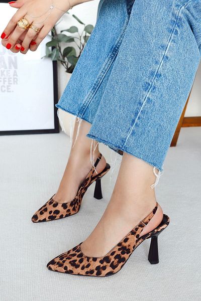 POLKA STORE Spark Leopard Pointed Toe Back Open Stiletto Evening Dress Heeled Women's Shoes