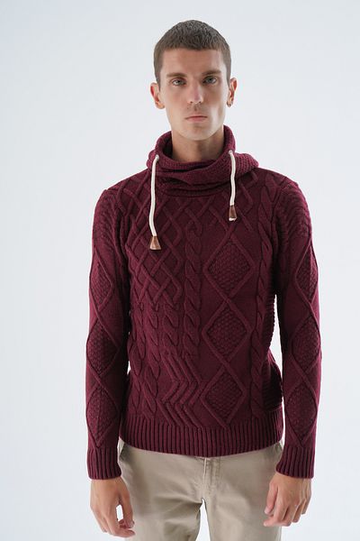 Trist Star Claret Red Men's Knitwear Sweater - Shawl Collar, Hair Braid, Execution Detail TRIST-5342