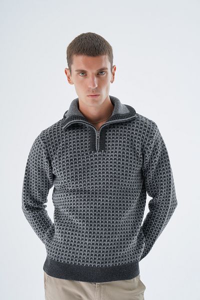 Trist Star Pulover tricotaj bărbați antracit - guler camion, jacquard, trei culori, cu fermoar TRIST-5340