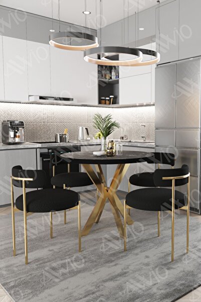 AVVİO VİOLA MAT GOLD Ayak 4'lü Teddy Sandalye 90X90 Masa Sandalye Takımı ( SANDALYE BUKLE KUMAŞ)