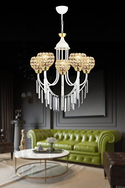 Genel Markalar Beyaz Irmak 5'li Kristal Lüks Yukarı Bakan Kristal Taşlı Avize