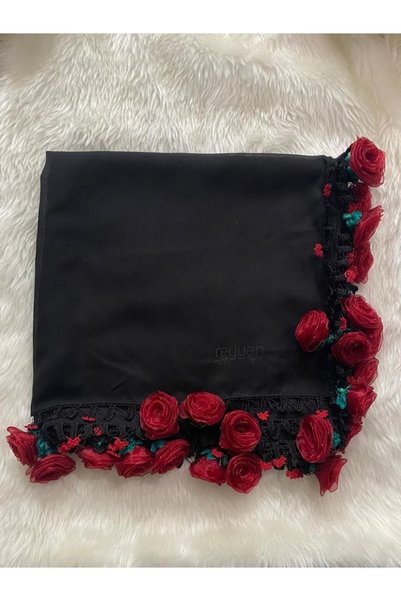 Beykan handmade Eșarfă de mătase Reyyan Trandafir roșu cu set de mărgele de rugăciune din pânză de brânză