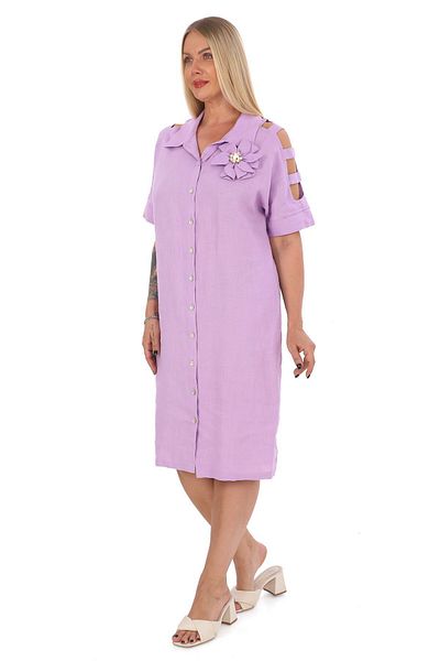 mardi exclusive Lilac Large Size Shirt Collar 100% Linen Women's Dress
