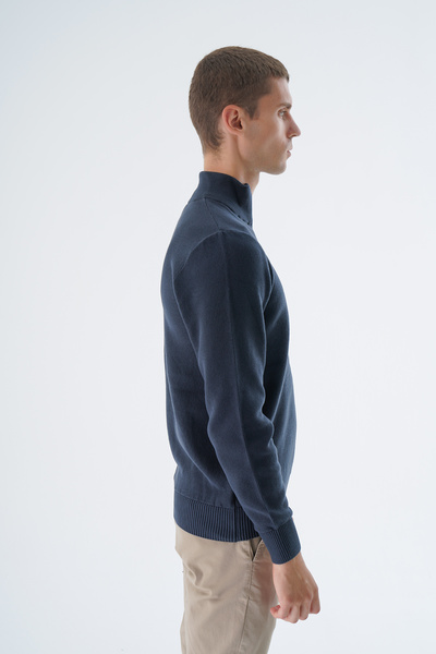 Trist Star Синій чоловічий светр з високим коміром на блискавці, 100% бавовна, Trıst-1190