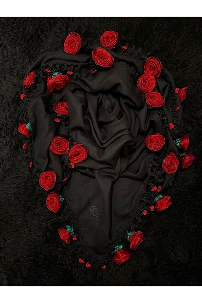 Beykan Reyyan Silk Scarf Cheesecloth Κόκκινο τριαντάφυλλο με σετ χάντρες προσευχής