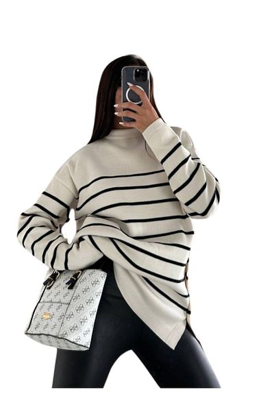 WOMAN VISION Metal Buttoned Striped Half Turtleneck Women's Knitwear Sweater - 105