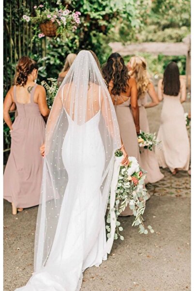 VENÜS MODA by Pınar Voal lung de 2 metri cu perle și pieptene - alb catifelat, lățime 200 cm