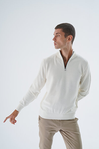 Trist Star %Екрю Чоловічий %100 бавовняний трикотаж із застібкою-блискавкою та високим коміром, кофта- Trist-1191