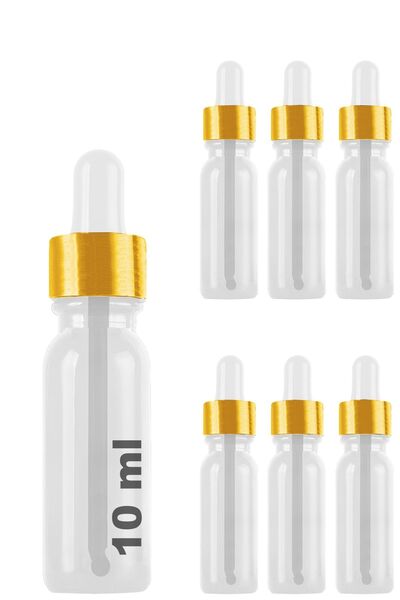 Afracam 10 ml Şeffaf Cam Damlalık Serum Şişesi 10 Cc Gold Metal Kapaklı Beyaz...