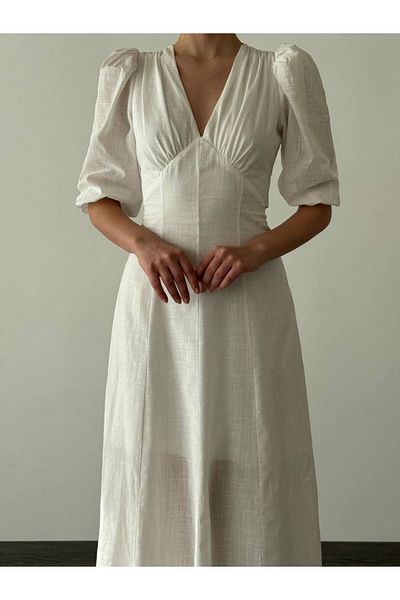 MEECY Women's V-Neck Low-Cut Mid-Length Linen Dress