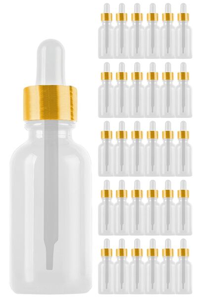Afracam 50 ml Şeffaf Cam Damlalıklı Serum Şişesi 50 Cc Sızdırmaz Gold Metal Kapaklı Dropper Cam Şişe 30 Adet