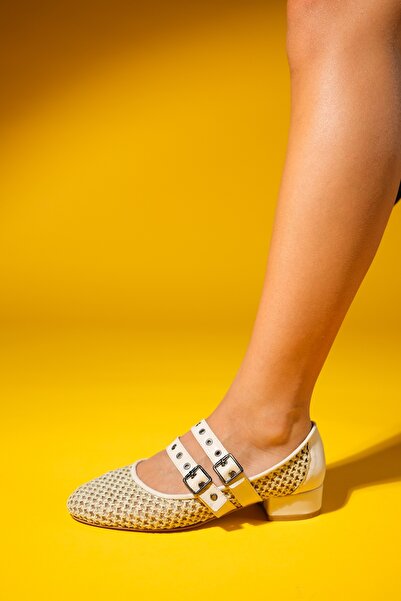 LuviShoes Beige Women's Short Heeled Straw Shoes - LAPIS