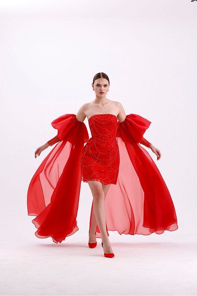 Tangül&Ali'S Moda Evi Red Strapless Mini Dress - Balloon Sleeves and Embroidered