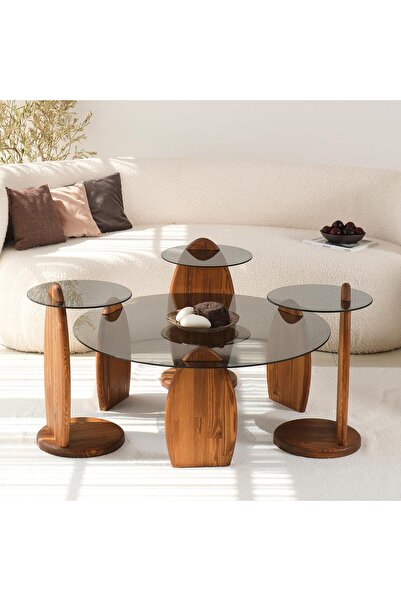 NEOstill - Surf Masif Sehpa Seti/Kestane &Füme Cam