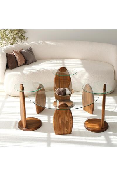 NEOstill -Surf Masif Sehpa Seti/Kestane&Şeffaf Cam