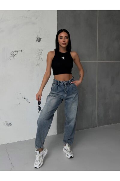 EDVESS Star Printed Black Embroidered Crop Halter T-Shirt