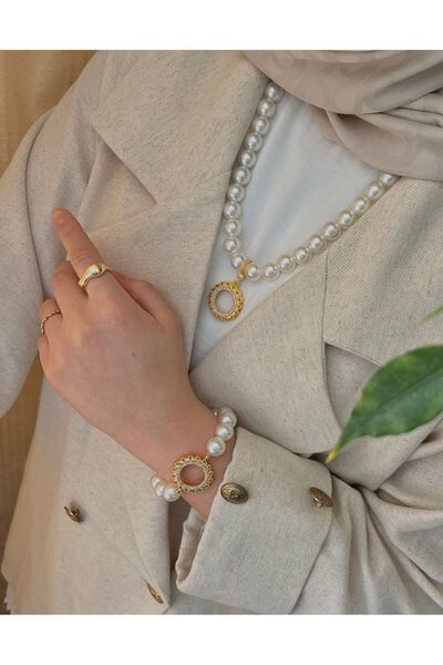 ENT COLLECTİON çeyrek altın uyumlu incili kolye bileklik seti -çeyrekli inci ...