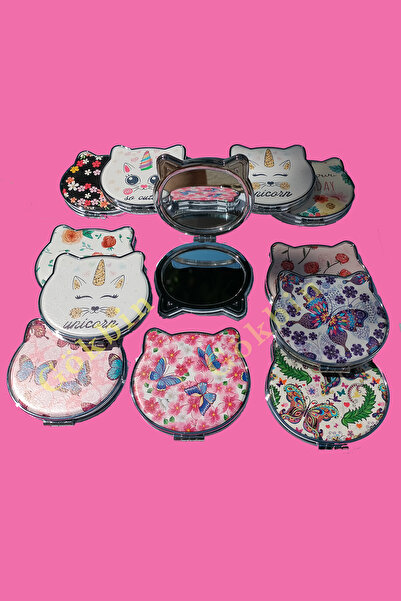 Gökbin Çocuk Kedi Kalp Yuvarlak Tasarımlı Kozmetik Cep Çanta Aynası Kapaklı M...