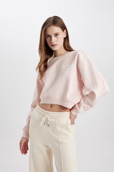 DeFacto Boxy Fit Rundhalsausschnitt bedrucktes, dickes Crop-Sweatshirt C5386ax23cw