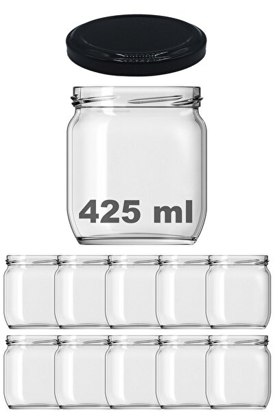 Afracam 425 ml Metal Siyah Konserve Kapaklı 425 Cc Şeffaf Cam Kavanoz 10 Adet