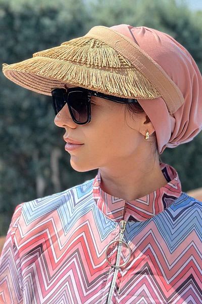 Ka Hijab Сламена шапка с ресни и козирка в цвят камила
