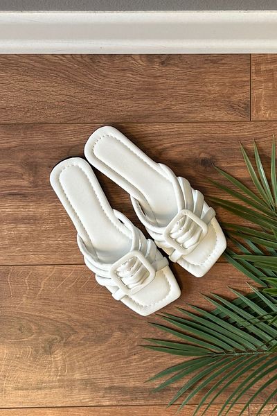 FUGA MODA Velma White Stripe Belted Belt Buckle Detailed Slippers