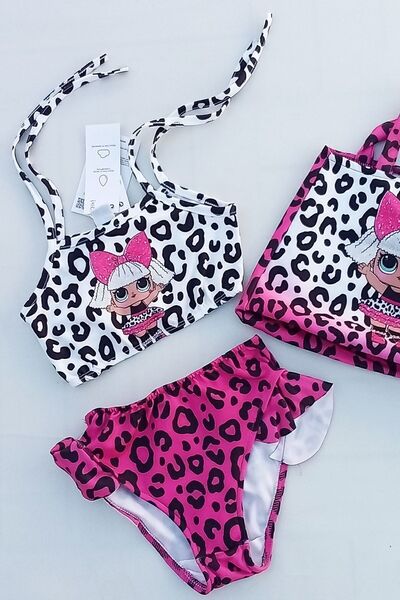 uz shop Φούξια ροζ κοριτσίστικο σετ μπικίνι με στάμπα λεοπάρ παραλίας με τσάντα